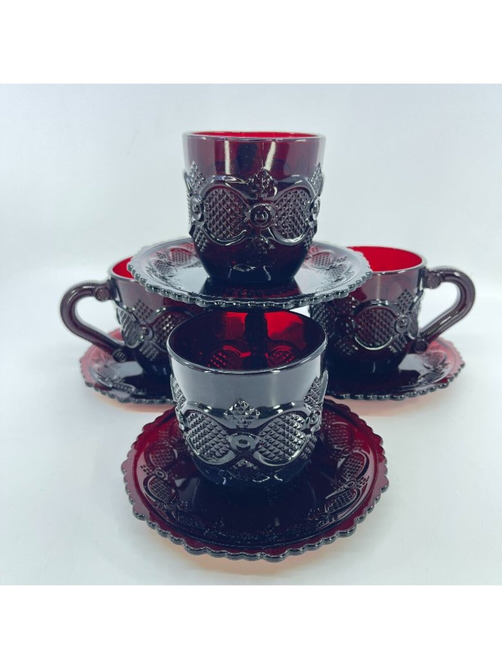 vintage avon 1876 cape cod ruby red glass cup & saucer set of 4